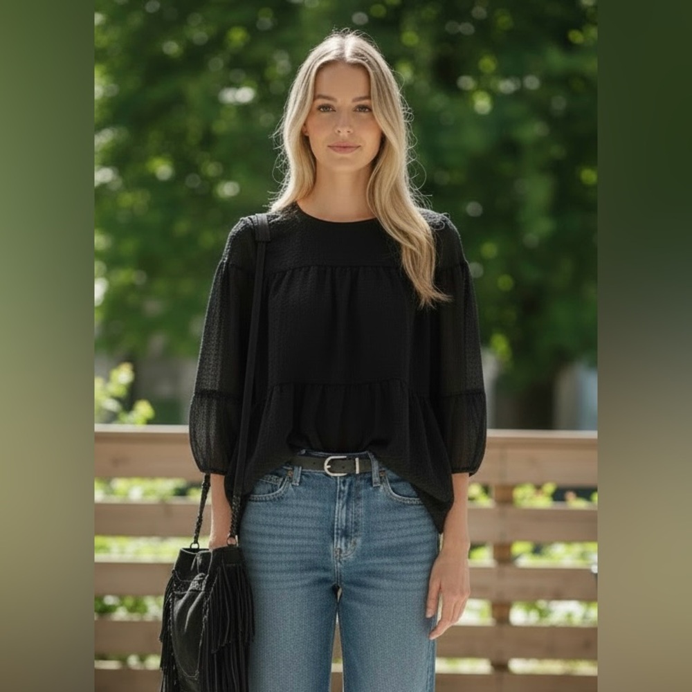 CALVIN KLEIN Black Sheer Boho Peasant Blouse Top Small NWT 90s Minimalist Style